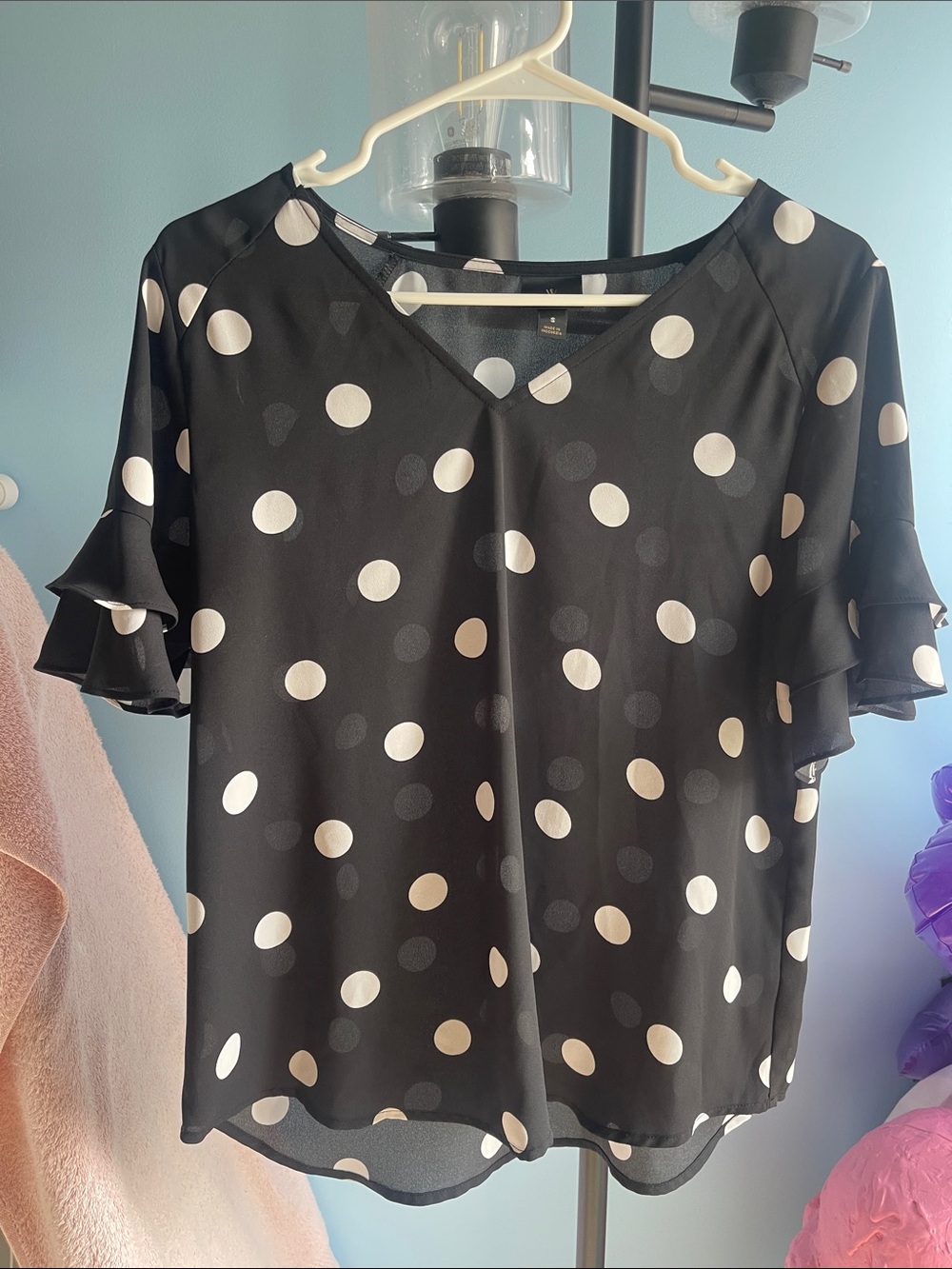 Worthington Black and White Polka Dot V-Neck Ruffle Sleeve Blouse